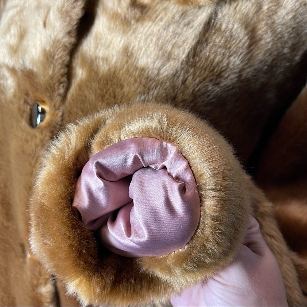 Kate Spade Caramel Brown Faux Mink Fur Coat with Silky Pink Lining SZ L NWT - Picture 12 of 16
